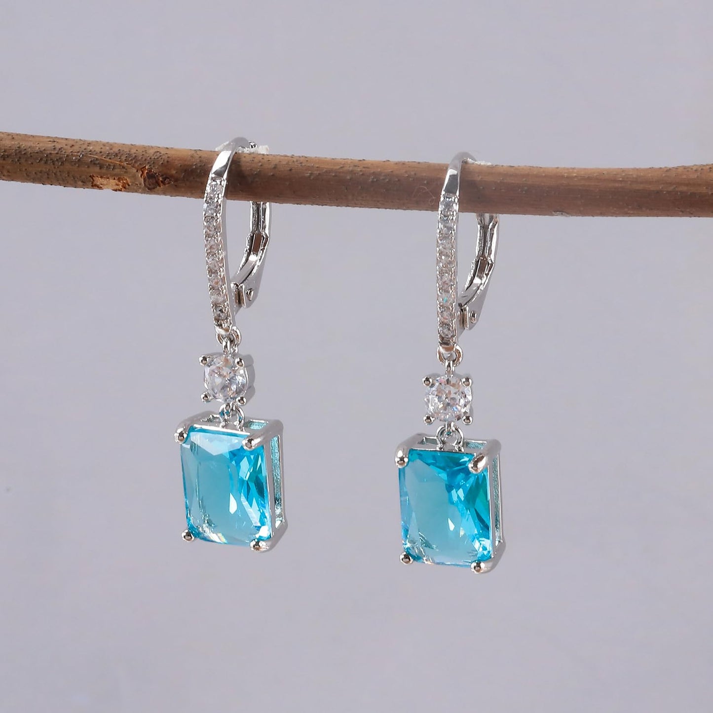CiNily Leverback Earrings for Women Rectangular-cut Drop Dangle Earring Hypoallergenic, 14K White Gold Plated Blue Cubic Zircon Earrings Diamond Dangle Ear Rings Jewelry Birthday
