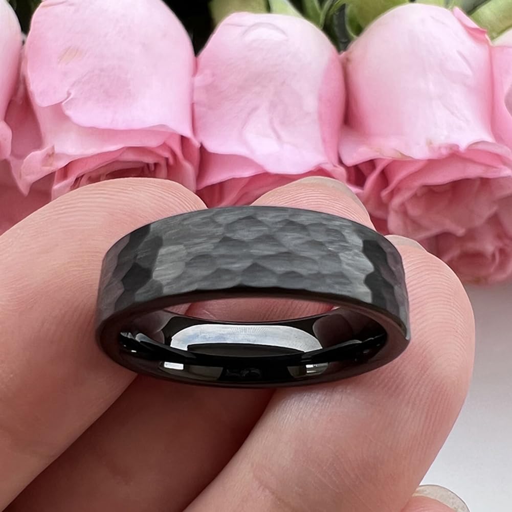 TUTISS 6mm Black Hammered Tungsten Carbide Rings for Men Women Fashion Engagement Wedding Bands Matte Finish I Love You Engraved Comfort Fit Size 10