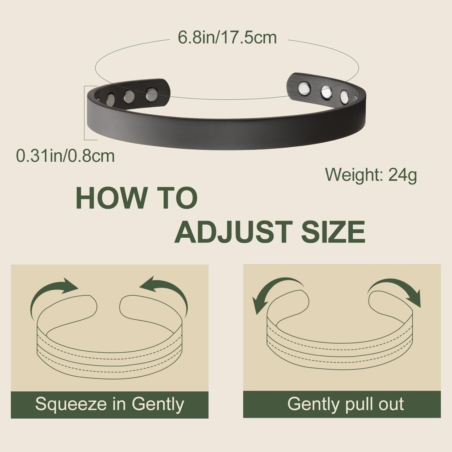 MagEnergy Copper Bracelet for Men and Women, 99.9% Pure Copper Magnetic Bangle with 8pcs 3500 Gauss Magnets, Adjustable Jewelry Gift (Gunmetal / 6.8 Inches)
