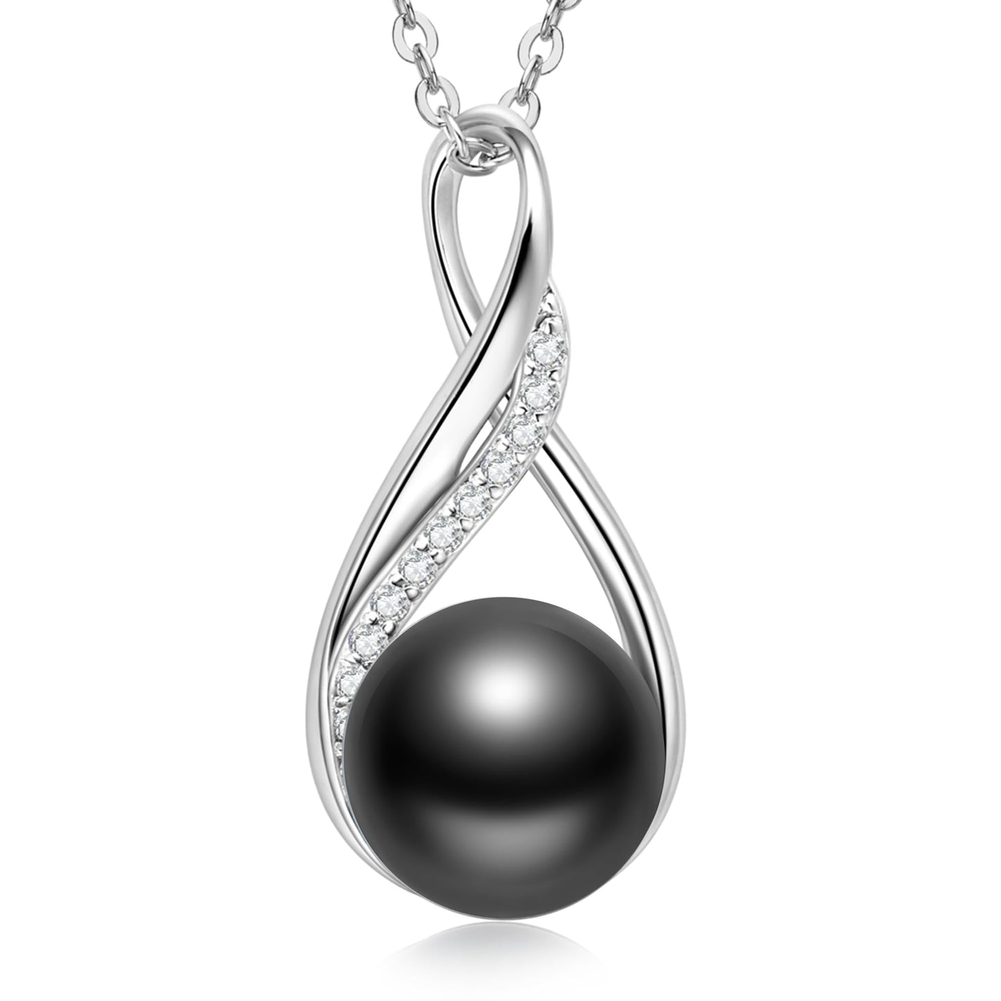 DENGGUANG Tahitian Black Pearl Necklace for Women, 9-10mm Cultured Round Pearl Infinity Pendant with Moissanite, 925 Sterling Silver Adjustable Chain 18+2", Anniversary Wedding Birthday Christmas Gift for Wife Mom, Women Jewelry