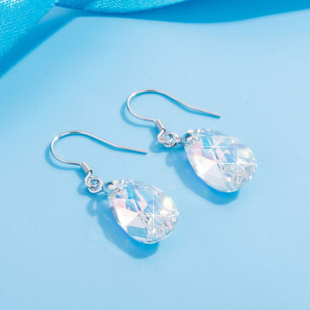 Austrian Crystal Teardrop Dangle Earrings for Women Drop Hook Earring 925 Sterling Silver Hypoallergenic Jewelry (Aurora Borealis)