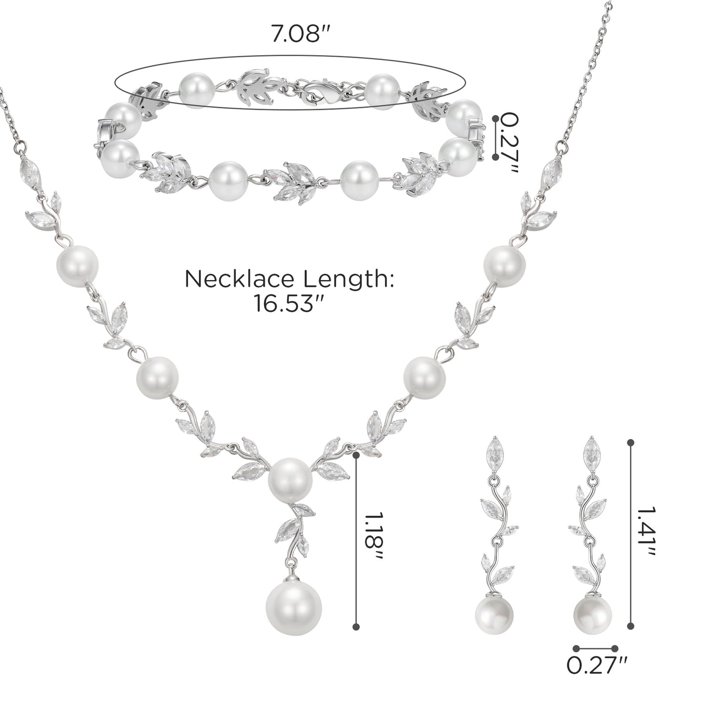 SWEETV Wedding Jewelry Set for Bride Women, Silver Cubic Zirconia Pearl Bridal Earrings Necklace Bracelet Set, Bridal Jewelry Set for Wedding Prom