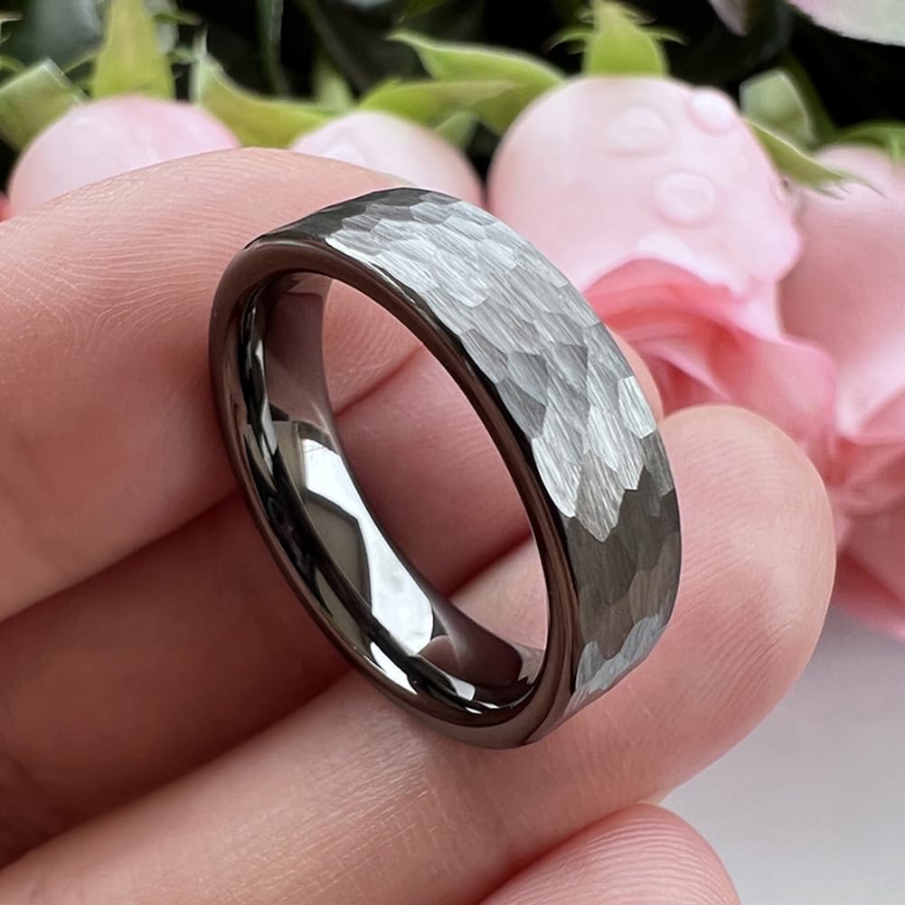 TUTISS 6mm Gunmetal Hammered Tungsten Rings for Men Women Fashion Engagement Wedding Bands Pipe Cut Matte Finish Comfort Fit Size 10