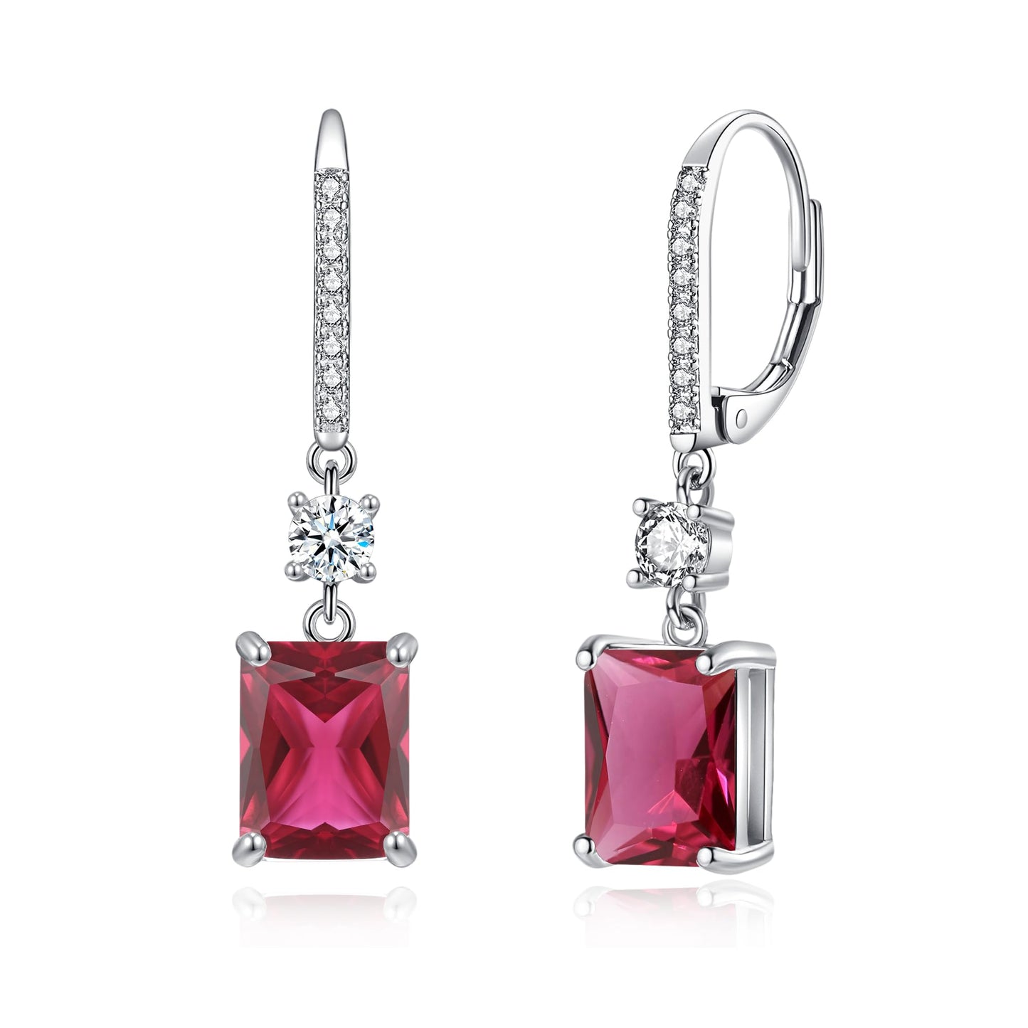 CiNily Leverback Earrings for Women Rectangular-cut Drop Dangle Earring Hypoallergenic, 14K White Gold Plated Rose Red Cubic Zircon Earrings Diamond Dangle Ear Rings Jewelry Birthday