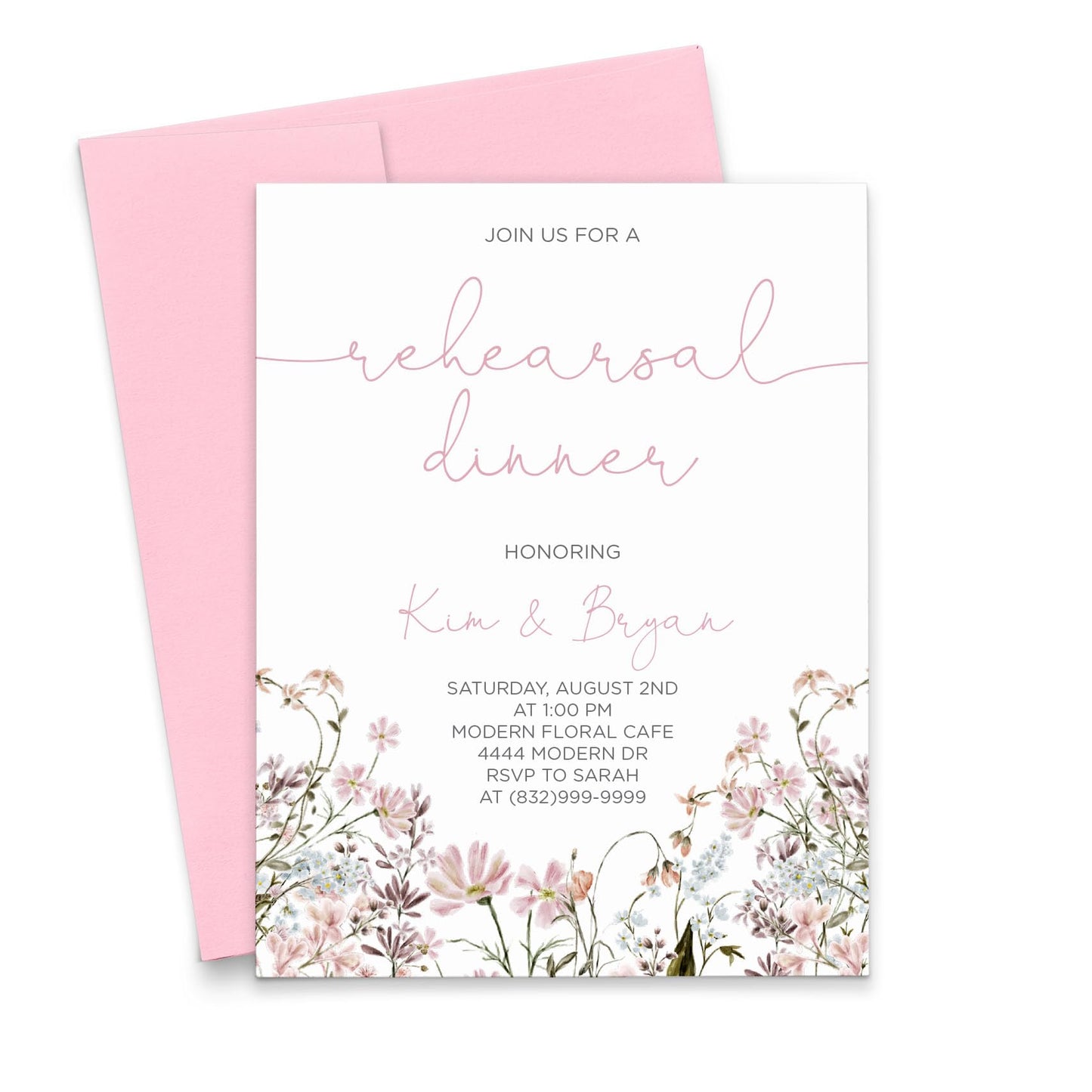Personalized Pink Watercolor Wildflower Rehearsal Dinner Invitations Water Color, Elegant Rehearsal Dinner Invitation with Wild Flowers, Your choice of Quantity and Envelope Color