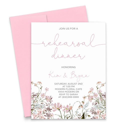 Personalized Pink Watercolor Wildflower Rehearsal Dinner Invitations Water Color, Elegant Rehearsal Dinner Invitation with Wild Flowers, Your choice of Quantity and Envelope Color