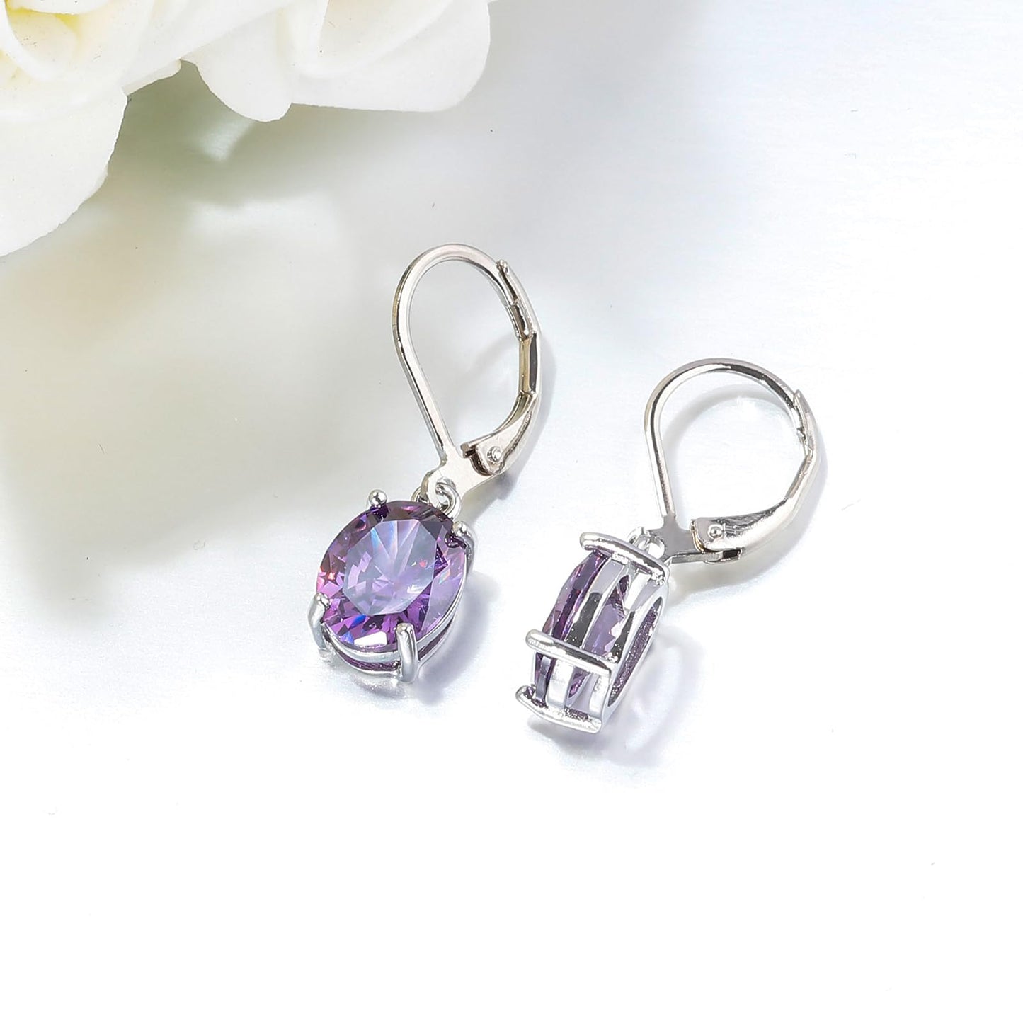 CiNily Cut-Oval Leverback Dangle Earrings for Women Purple Cubic Zircon 14k White Gold Plated Hypoallergenic Hanging Earrings Lightweight Summer Drop Earrings