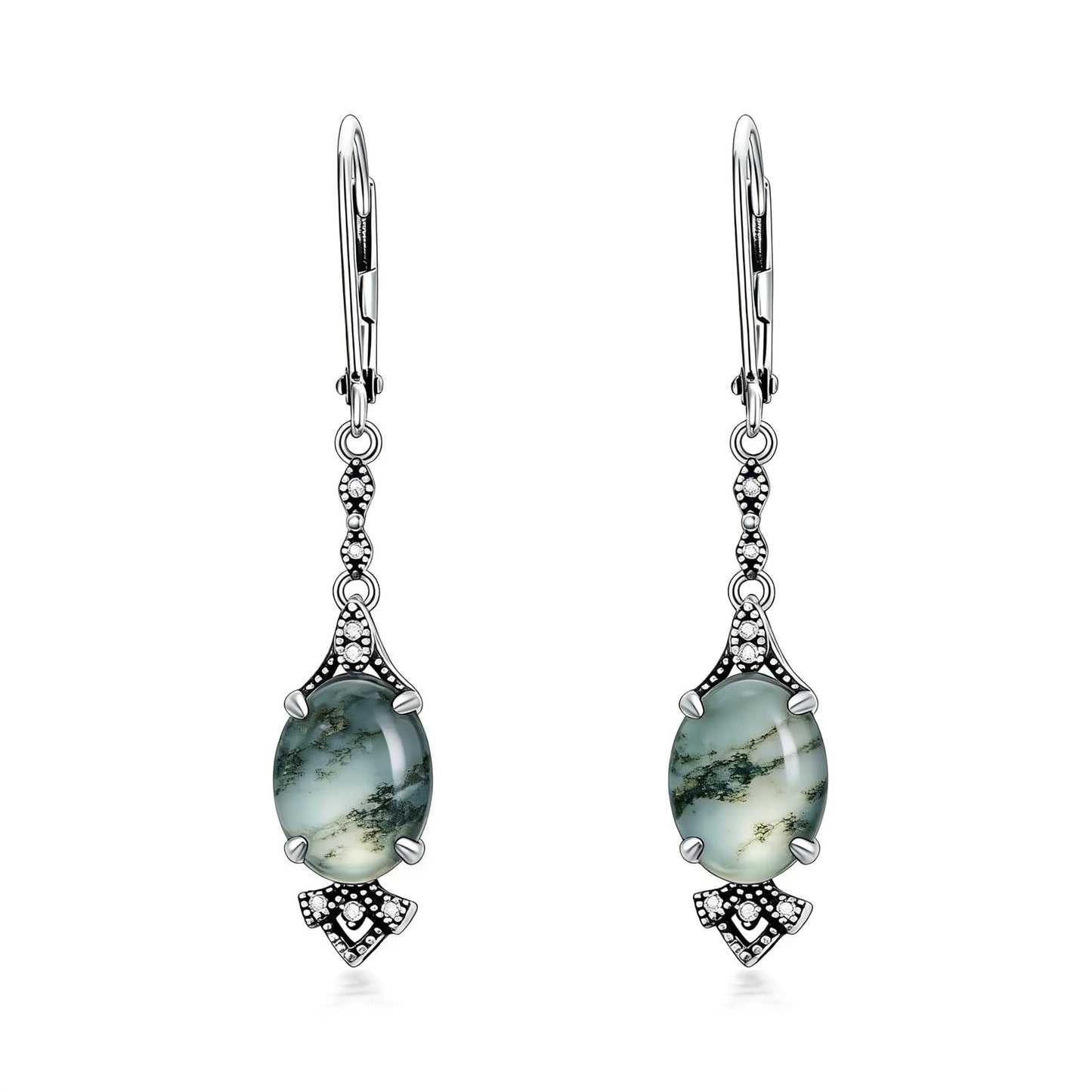 Moss Agate Earrings 925 Sterling Silver Vintage Retro Antique Looking Leverback Dangle Drop Earrings Anniversary Jewelry Gifts for Women