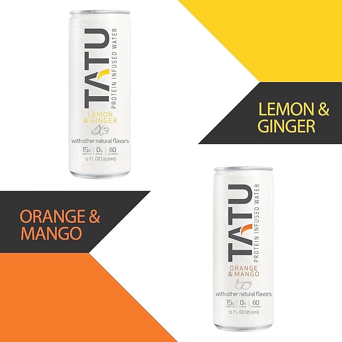 TATU Ready-To-Drink Protein Infused Water Lemon Ginger 12 Pack. 15 grams of whey protein isolate, 0 grams of sugar, only 60 calories. Lemon Ginger and Orange Mango. Gluten Free, lactose free.