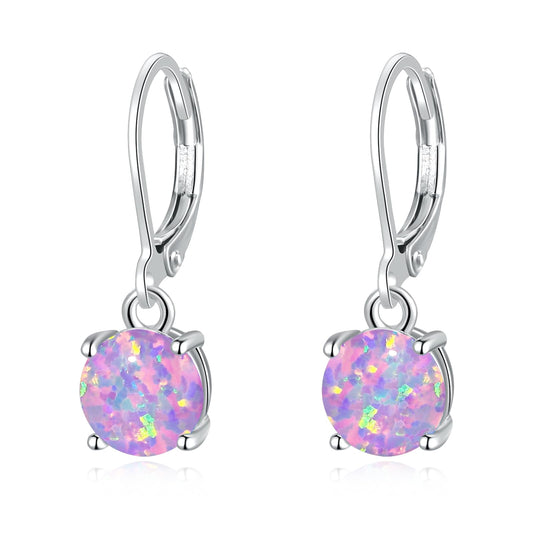 CiNily Round-Cut Opal Dangle Earrings for Women Hypoallergenic Purple Fire Opal Rhodium Plated Leverback Gemstone Drop Earrings Jewelry Birthday