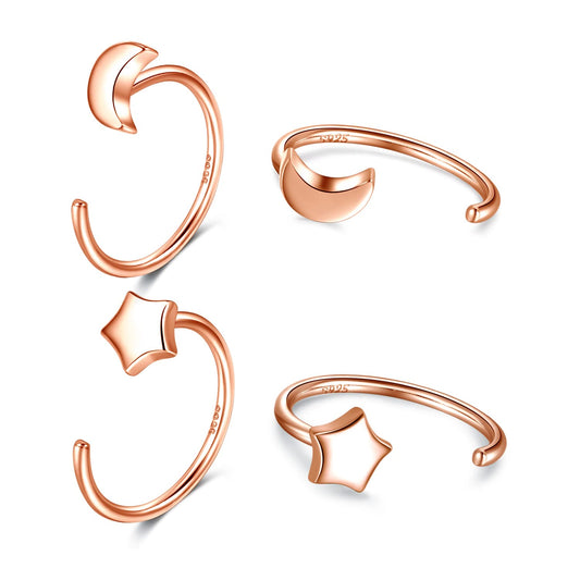 Half Hoop Earrings 18K Rose Gold Plated 925 Sterling Silver Moon Star Half Hoop Earrings Crescent Moon Open Huggie Hoops Little Huggy Earrings for Women 2 Pairs