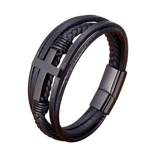 Binatric Multi-Layer Braided Leather Bracelets with Magnetic Clasp Mens Cuff Bracelets for Men Genuine Leather Bracelet Religious Leather Bracelets decorate Gift ((Black, 7.5 Inches))