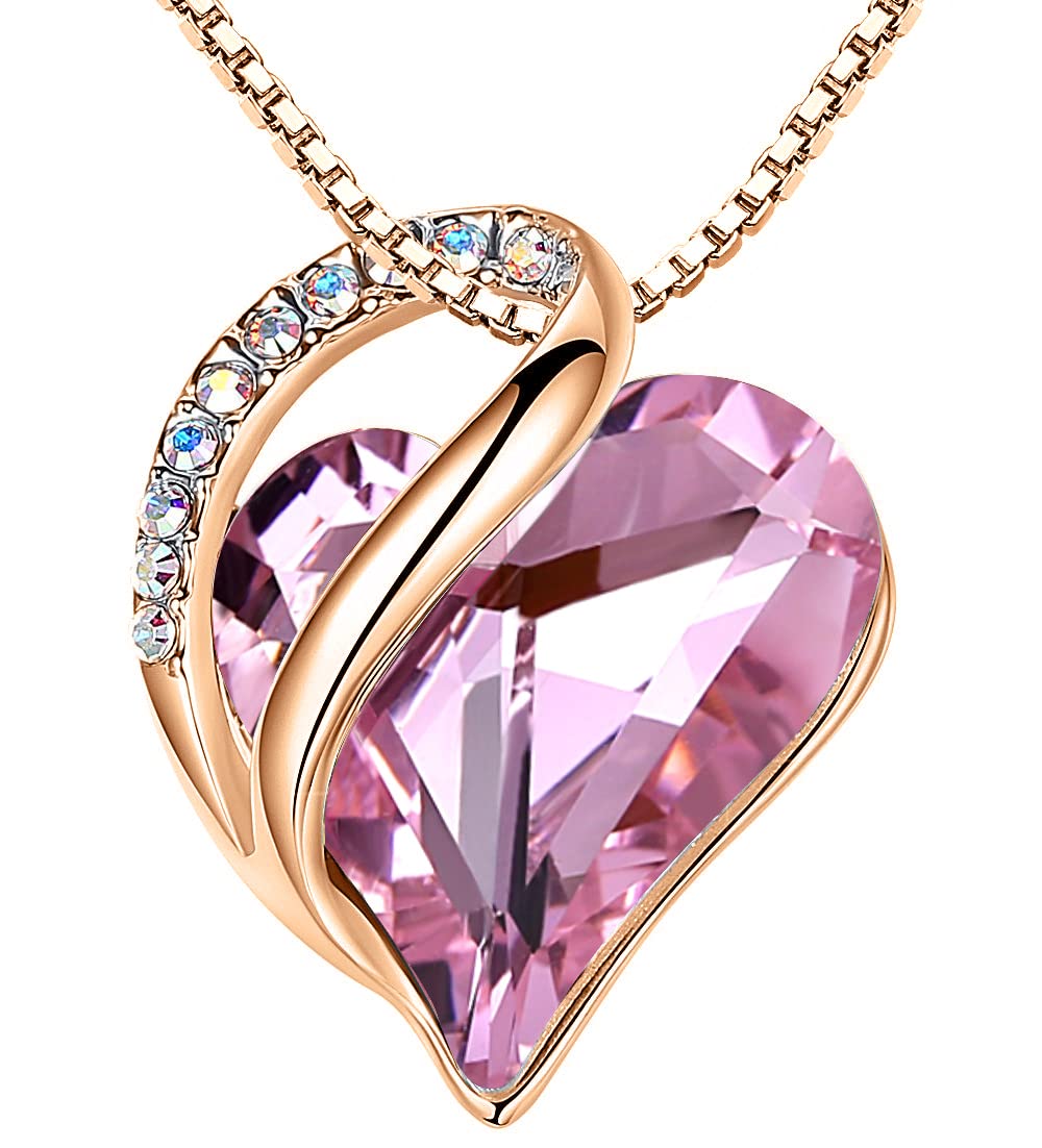 Leafael Gifts for Women Rose Gold Plated Necklaces: Heart Quartz Pink Crystal, October Birthstone, Hypoallergenic Chain (18"+2"), Birthday Jewelry for Mom, Wife, and Girlfriend