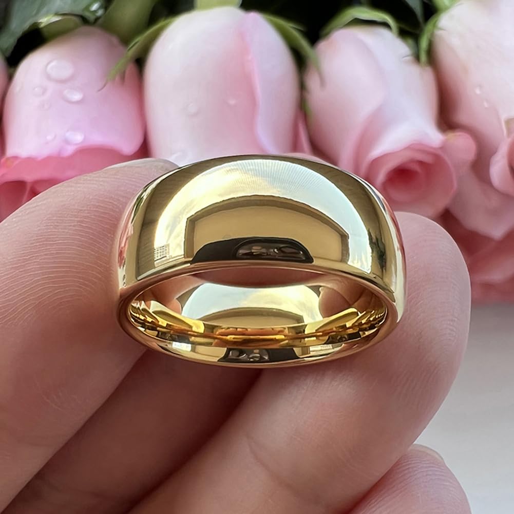 TUTISS 8mm Gold Tungsten Rings for Men Women Engagement Wedding Bands Domed Polished Comfort Fit Size 10