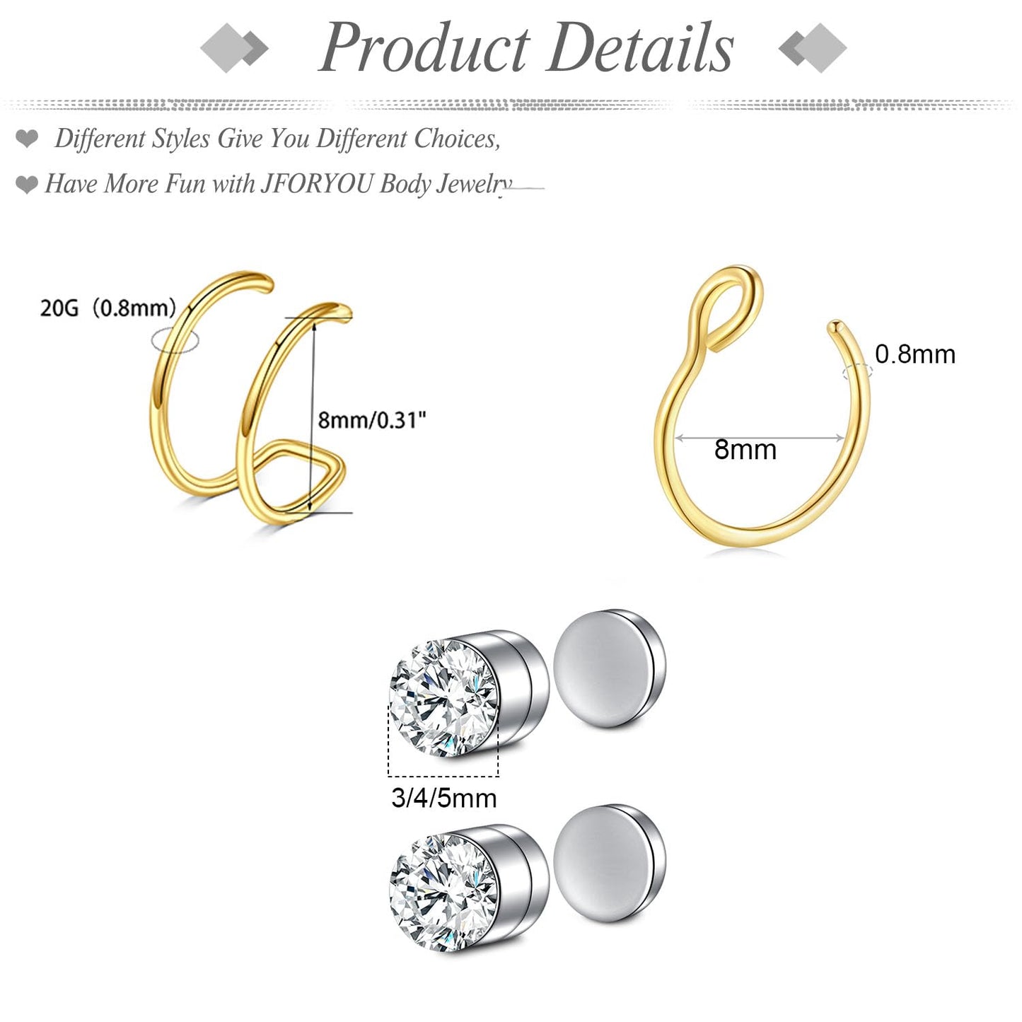JFORYOU FORYOU Fake Nose Ring Fake Nose Piercing Fake Nose Rings for Women Faux Nose Piercing Clip on No Pierced Non Piercing Faux Body Piercing Jewelry for Women Men