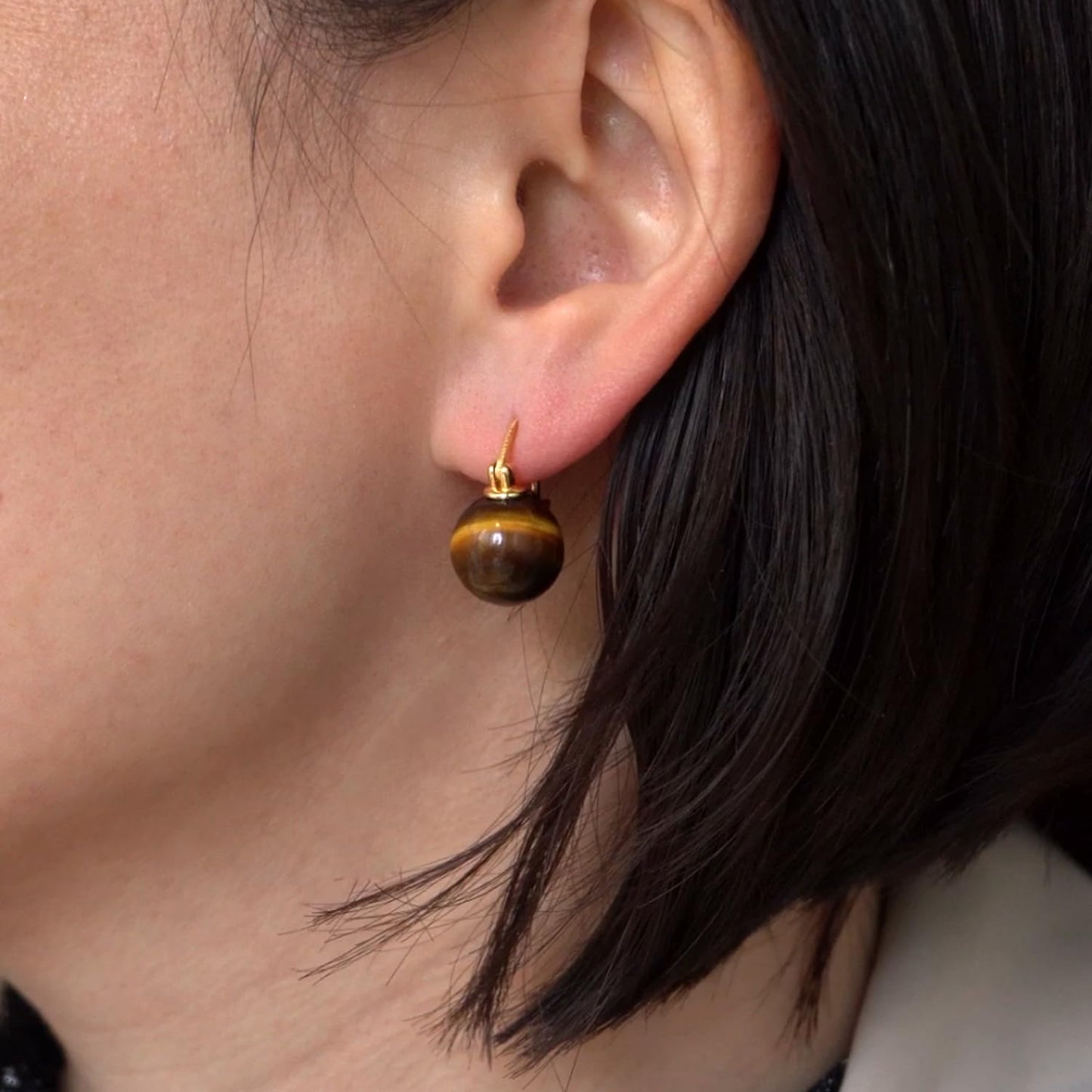 OwMell Elegant 925 Sterling Silver Pearl Drop Earrings Dangle Stud Gold Plated Earrings for Women Large Size 12mm - Tiger's Eye