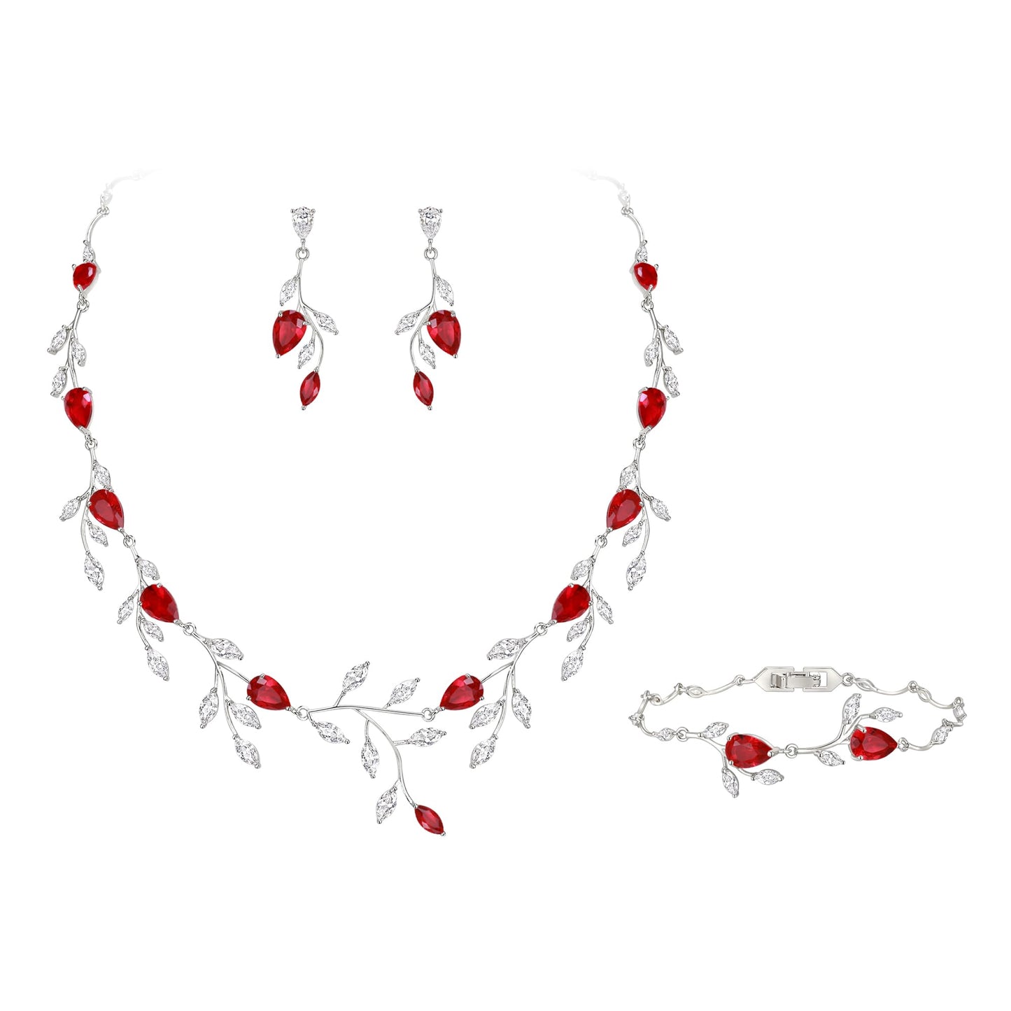 EVER FAITH Elegant Jewelry for Bride Women Bridesmaid, Sparkly Red Cubic Zirconia Pear-Shaped Birthstone Leaf Necklace Earrings Bracelet Set for Prom