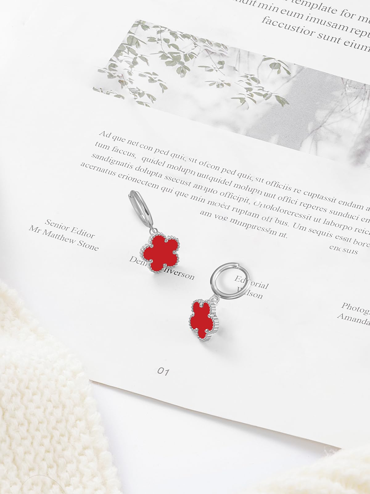 Gold Plated Five Leaf Clover Dangle Earrings for Women Lucky Flower Jewelry (Red-White Gold Plated)