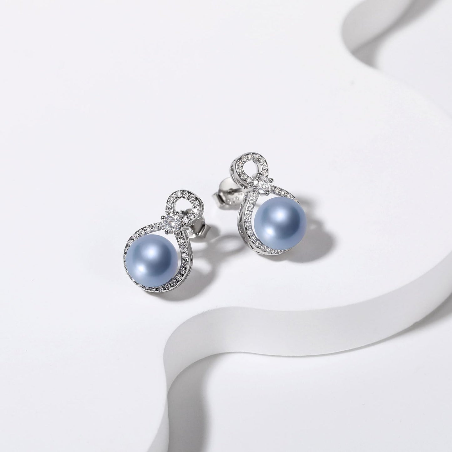 BAMIKI S925 Sterling Silver Infinity Pearl Earrings Stud for Women, Genuine Quality 8-8.5mm Round Saltwater Cultured Blue Pearls, Hypoallergenicity Jewelry Gifts for Mother Wife Bridal