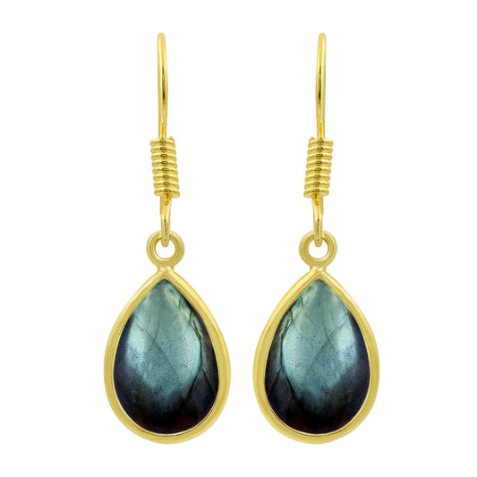 Natural Labradorite 14K Yellow Gold Plated Dangle Earrings for Women - Teardrop Shape Gemstone Vintage Style Jewelry - Handmade Gifts for Her Mom Wife Sister