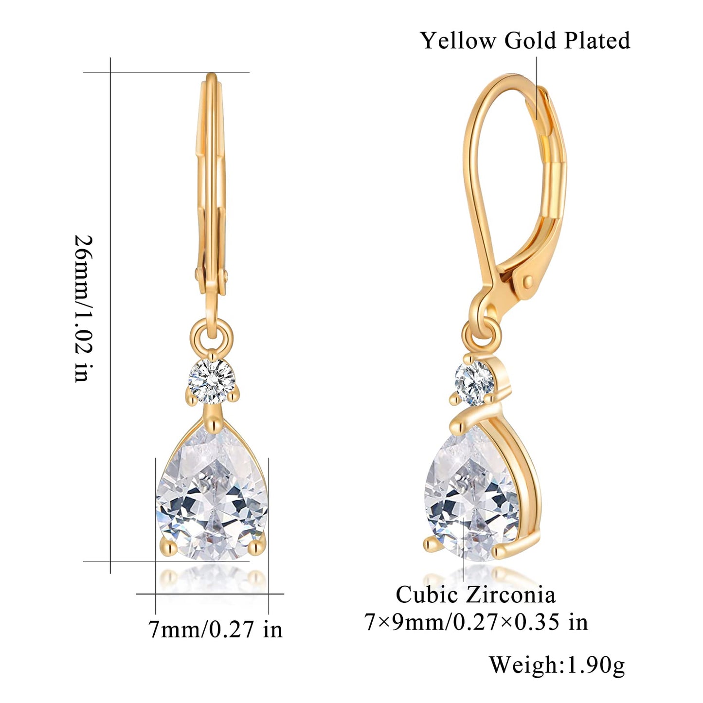 CiNily Leverback Dangle Earrings for Women 14K Gold Plated Drop Earrings White Cubic Zircon Fashion Teardrop Hoop Earrings Hypoallergenic Jewelry for Sensitive Ear