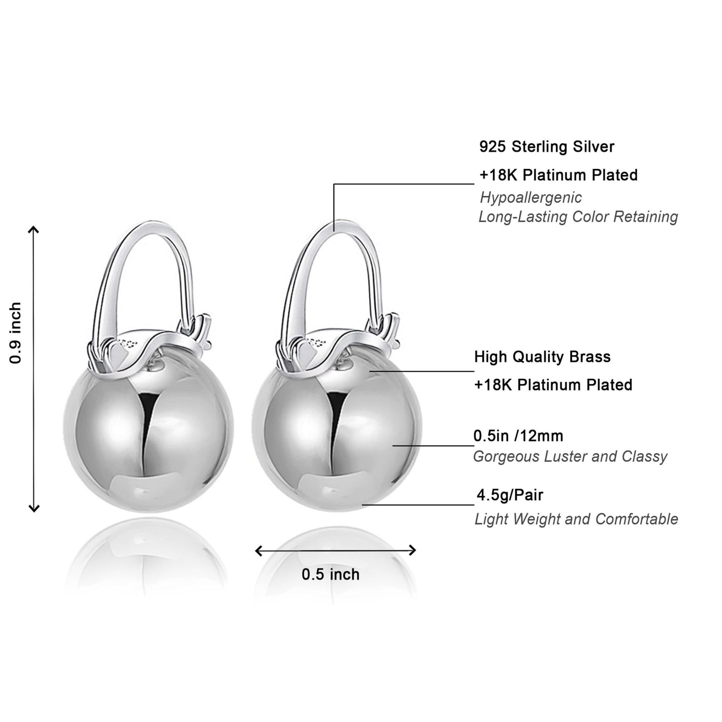 OwMell Elegant 925 Sterling Silver Pearl Drop Earrings Dangle Stud Gold Plated Earrings for Women Large Size 12mm - Silver Plated