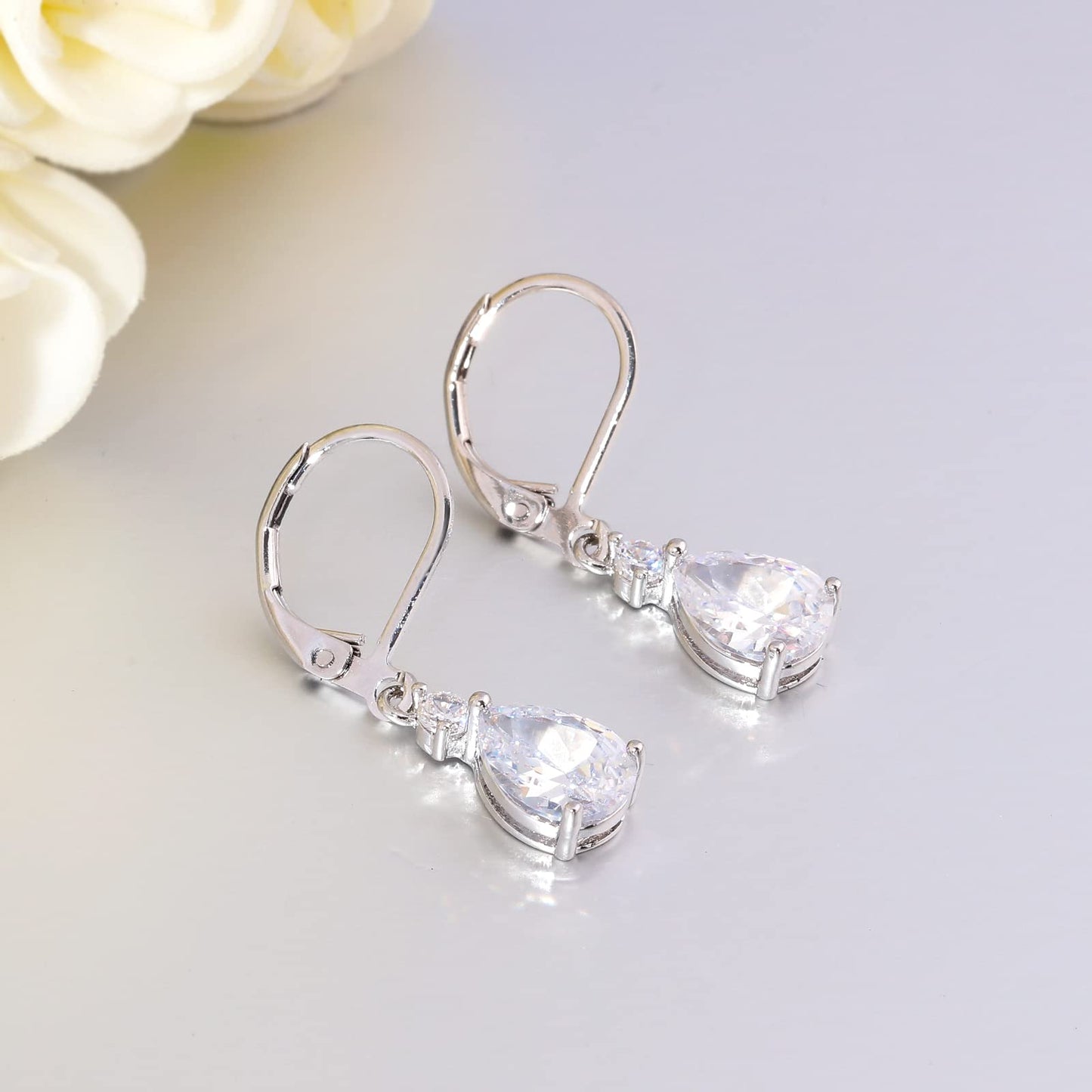 CiNily Leverback Dangle Earrings for Women 14K White Gold Plated Drop Earrings White Cubic Zircon Fashion Teardrop Hoop Earrings Hypoallergenic Jewelry for Sensitive Ear