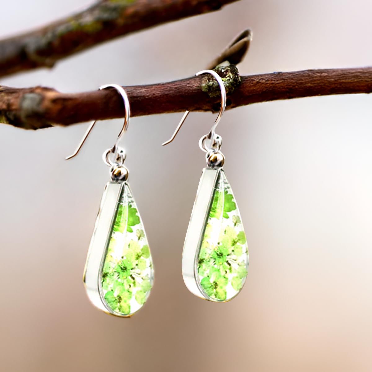 925 Sterling Silver Pressed Flower Teardrop Earrings,Hypoallergenic Women's Jewelry Gift for Mom and Wife,Handmade Natural Dried Flower Teardrop Earrings Jewelry Gift