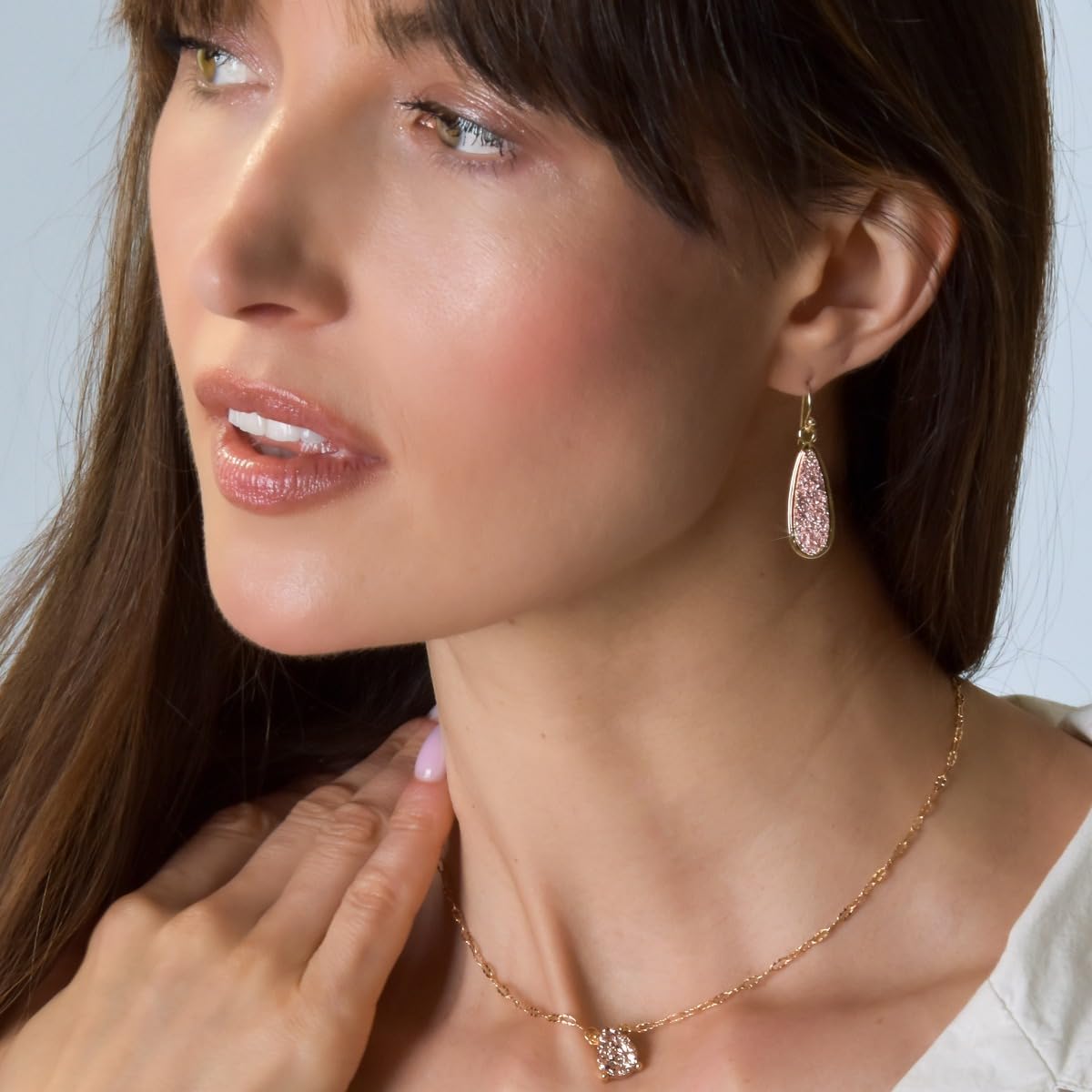 Simulated Druzy Drop Dangles - Gold Tone Sparkly Long Teardrop Dangly Earrings for Women, Pink Rose Gold Tone