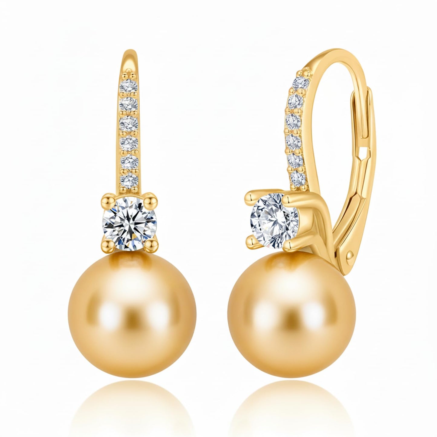 BAMIKI Golden Pearl Drop Dangle Earrings 925 Sterling Silver 14K Gold Plated Cubic Zirconia Leverback Earrings, 8MM Round Saltwater Cultured Pearls Jewelry Gifts for Women Wife Mother