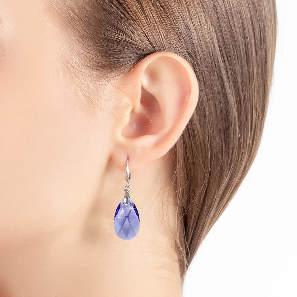 Austrian Crystal Teardrop Dangle Hook Earrings for Women 14K Gold Plated Hypoallergenic Jewelry (Tanzanite)