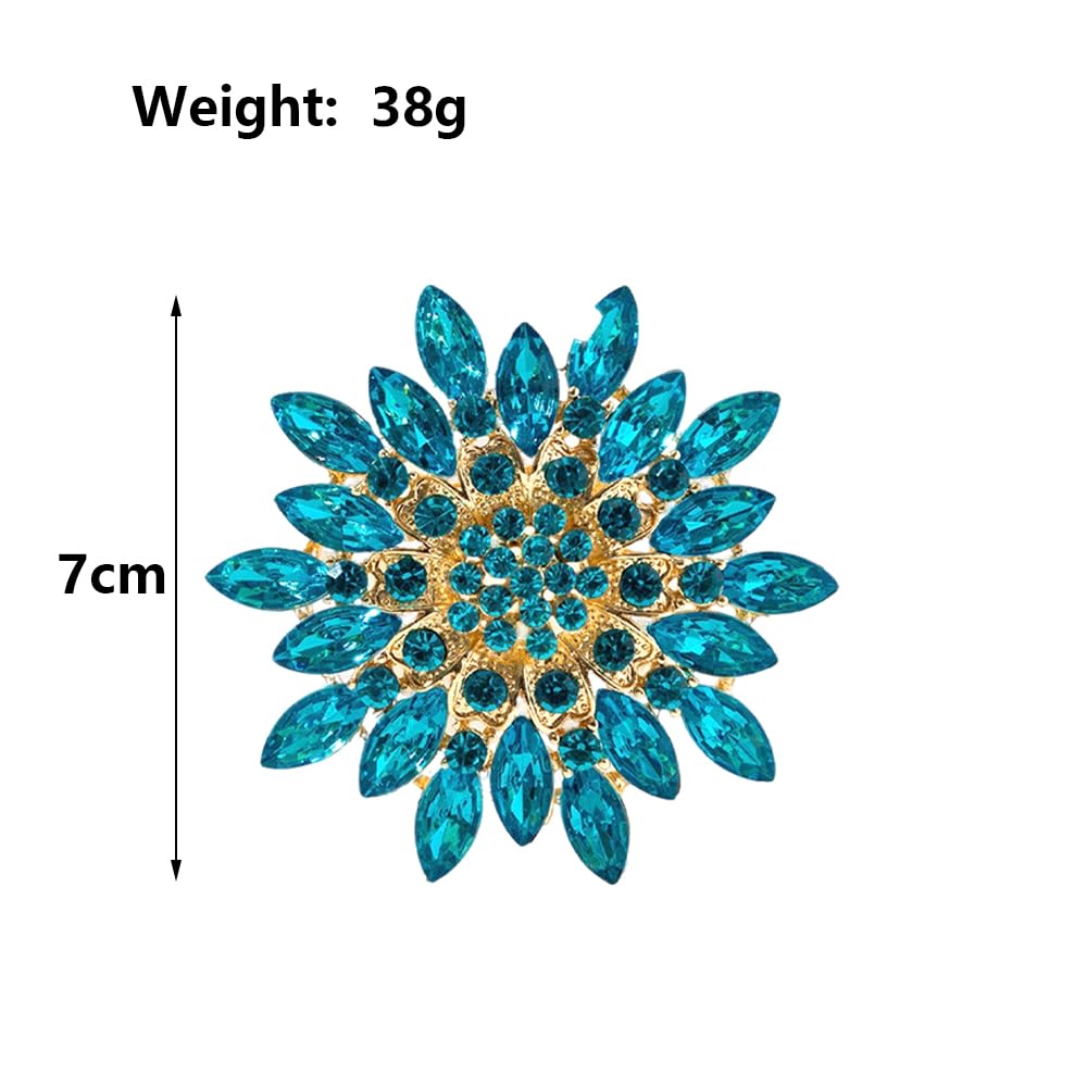 Rhinestone Large Flower Brooches Pins for Women Fashion Sparkly Crystal Sunflower Statement Brooch Unique Wedding Party Suit Dress Jewelry Accessories (Blue3)
