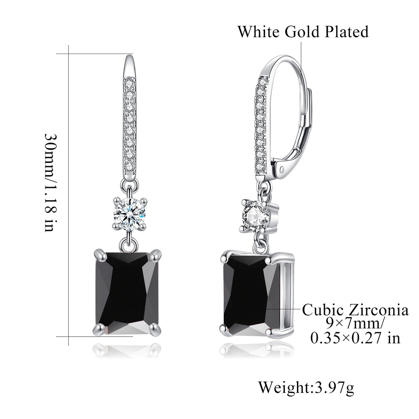 CiNily Leverback Earrings for Women Rectangular-cut Drop Dangle Earrings Hypoallergenic, 14K White Gold Plated Black Cubic Zircon Earrings Diamond Dangle Earrings Jewelry for Sensitive Ear