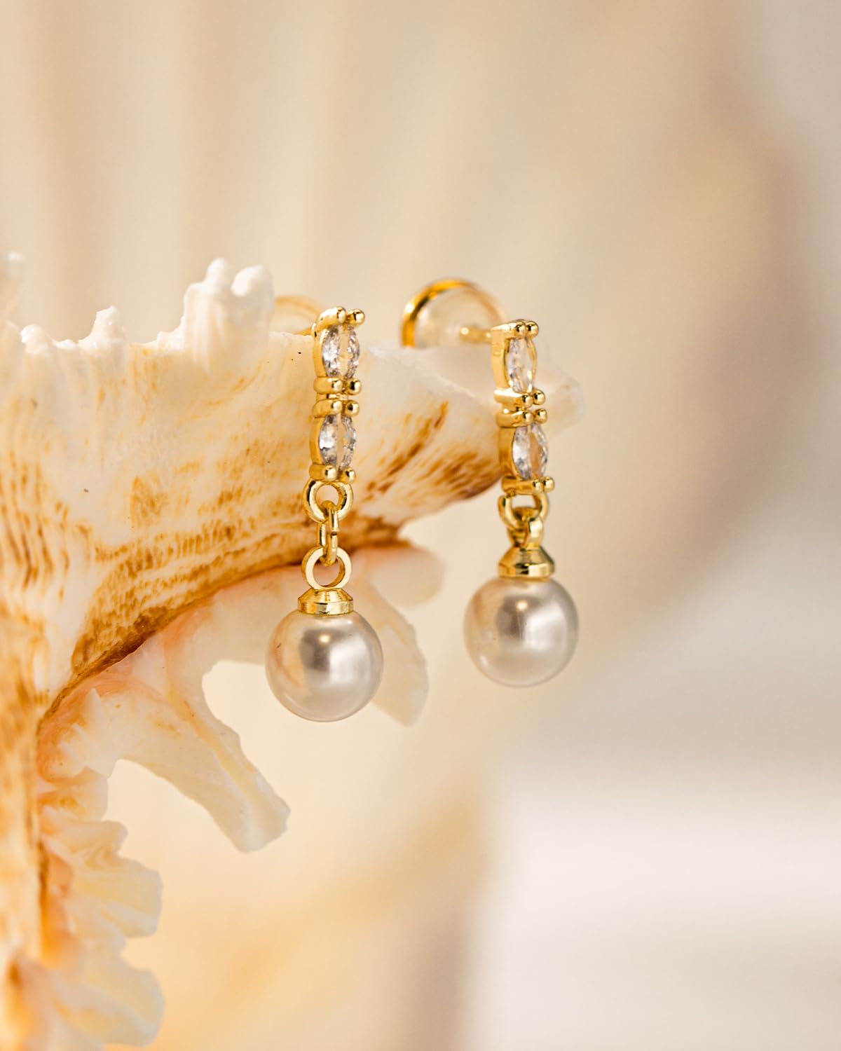 PRTGL Pearl Earrings: 14k Gold-plated Cubic Zirconia Accented Pearl Drop Wedding Engagement Earrings For Women Bridal Bridesmaid