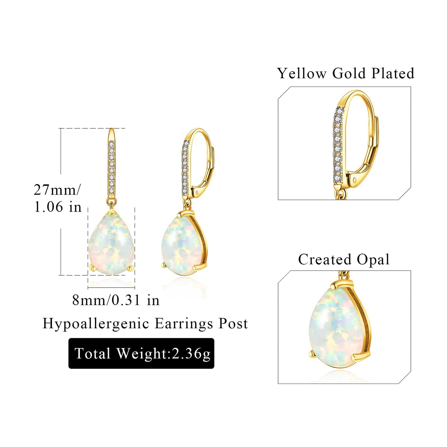 Leverback White Opal Dangle Earrings 14k Yellow Gold Plated Drop Earrings for Women Teardrop Earrings Elegant Jewelry Gifts for Christmas Birthday Party