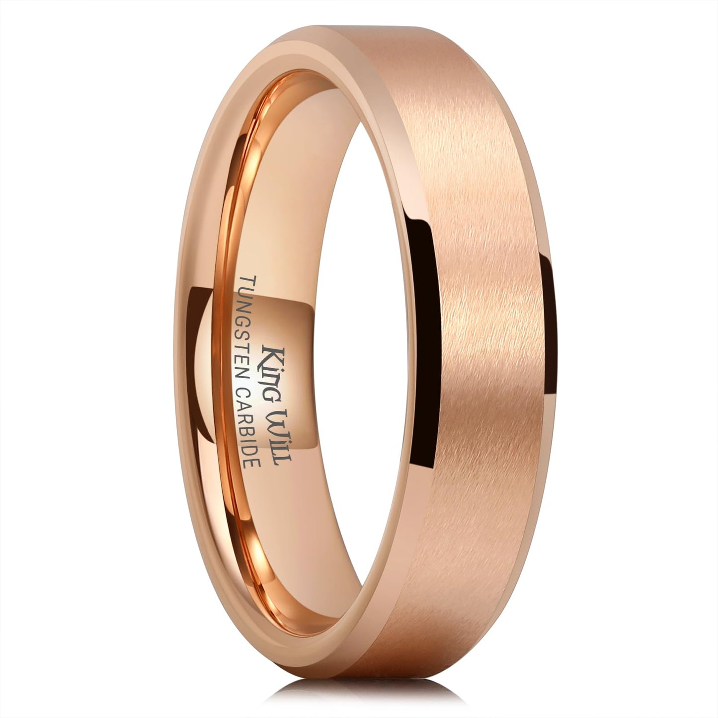 King Will 6mm Men's Rose Gold Wedding Ring – Matte Brushed, Beveled Polished Edge, Comfort Fit, Size 14