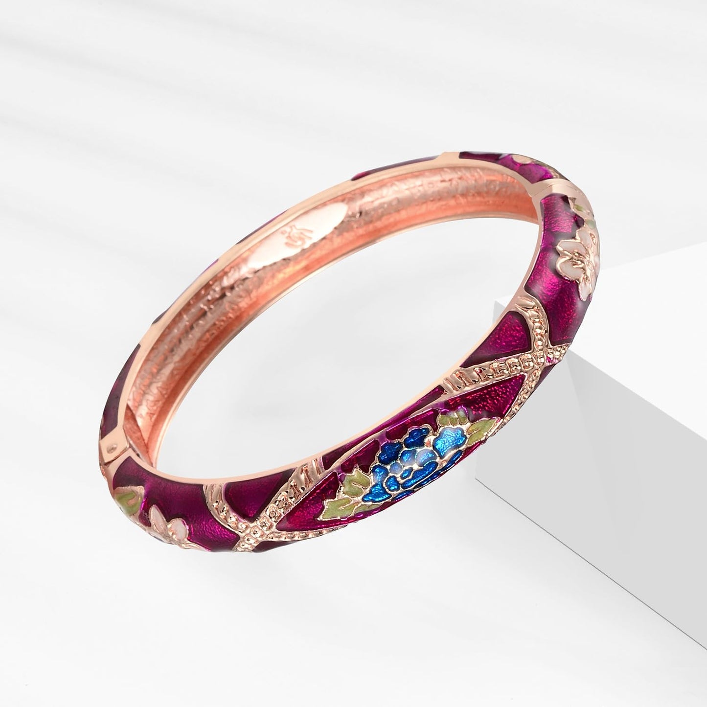 UJOY Vintage Cloisonne Bracelet Beautiful Flower Enamel Hinge Plated Rose Bangles Jewelry for Women's Gifts 88C06-55A128 Pink Purple