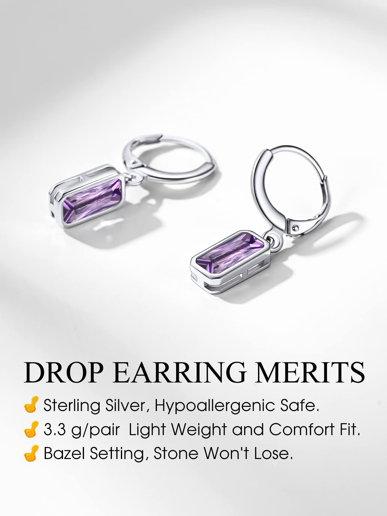 Bestyle Created Alexandrite Purple Drop Birthstone Earrings for Women - Baguette Earrings Small Silver Dangle Hoop Earrings for Women - Dainty Cute Earrings for Birthday Wedding Party