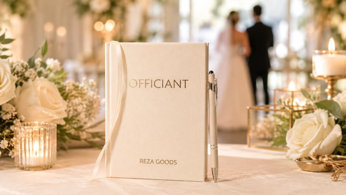 Wedding Officiant Book with Pen – A5 Wedding Ceremony Journal, Bride & Groom Signature Keepsake, 150 Lined Pages (75 Sheets), 140gsm Thick Paper, Linen Cover & Gift Box, Gold Foil Stamped