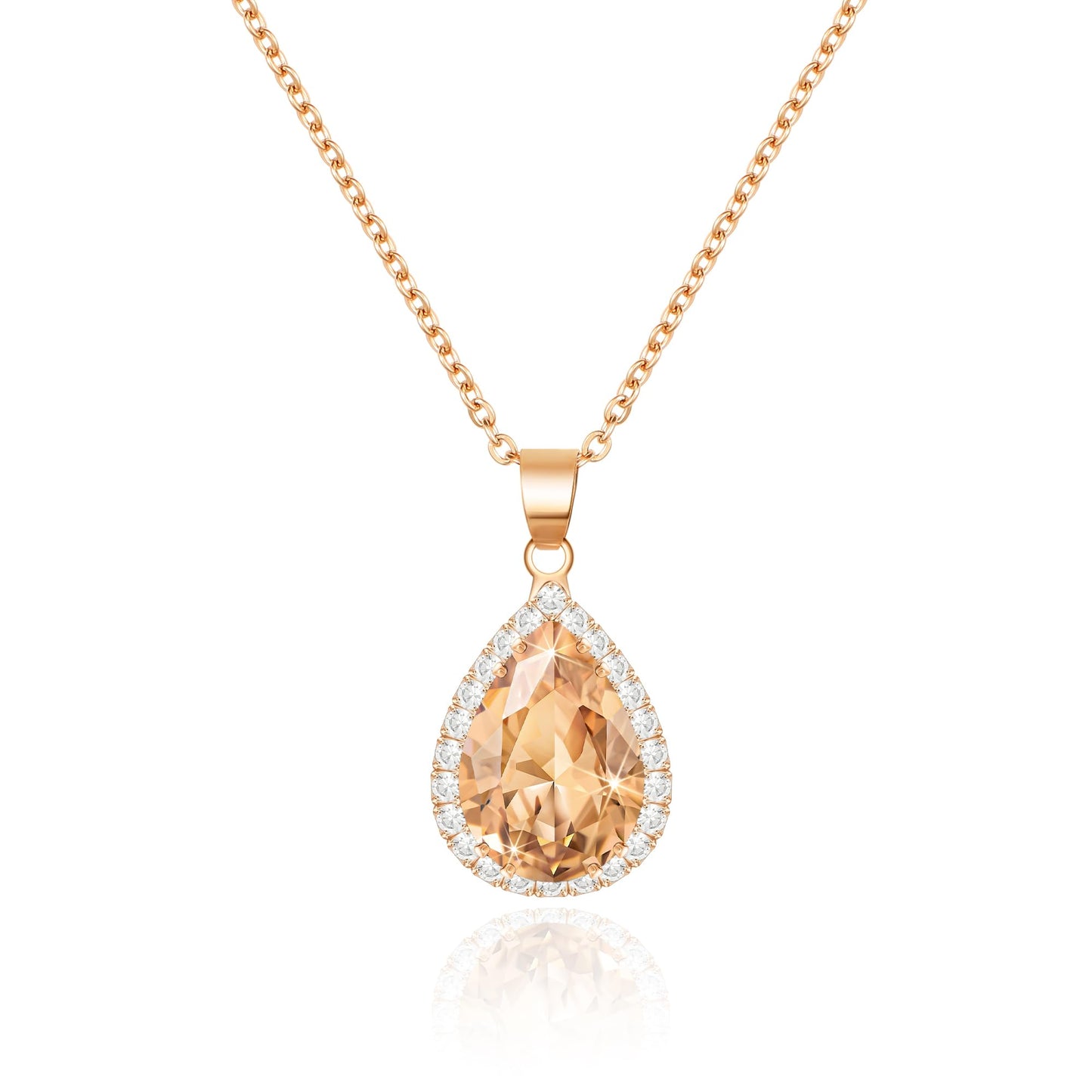 Linawe Rhinestone Fake Diamond Pendant Necklace for Women Trendy, Rose Gold Color Champagne Cubic Zirconia Crystal Moissanite Gemstone Tear Drop Necklaces, Dainty Simple Solitaire Necklace