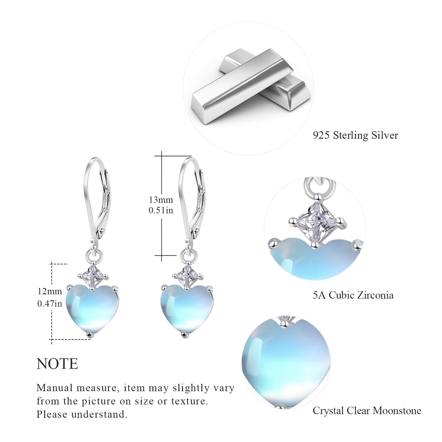 Teardrop Leverback Drop Dangly Earrings, 925 Sterling Silver with Heart Moonstone Hypoallegenic for Sensitive Ears Jewelry Gift for Women Girlfriend with Gift Box