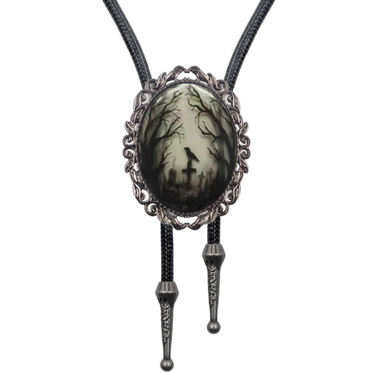 PEARLY JUN Gothic Bolo Tie for Men Women Cameo Western Cowboy Black Cat Bat Witch Vintage Halloween Jewelry Accessories Gifts (Black Cross Crow)
