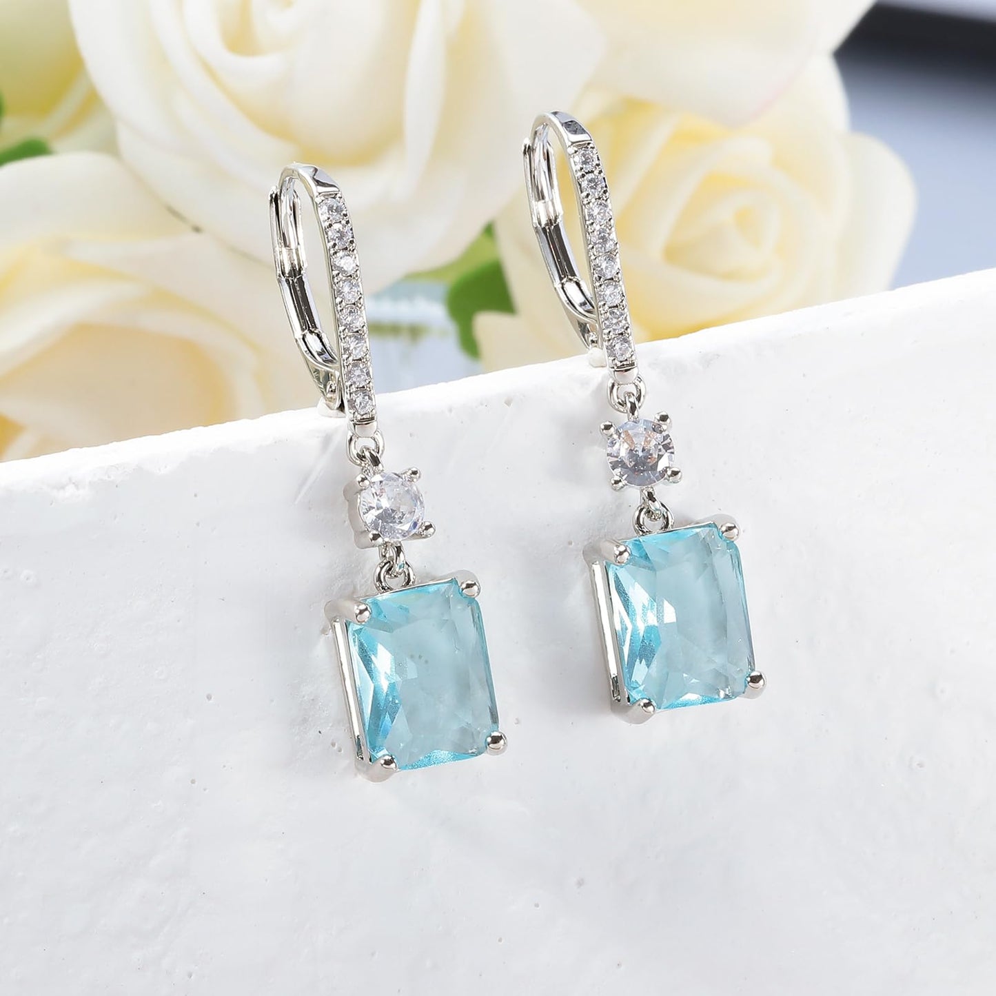 CiNily Rectangular-cut Drop Dangle Earrings Hypoallergenic, 14K White Gold Plated Light Blue Cubic Zircon Earrings Diamond Dangle Earrings Jewelry Birthday