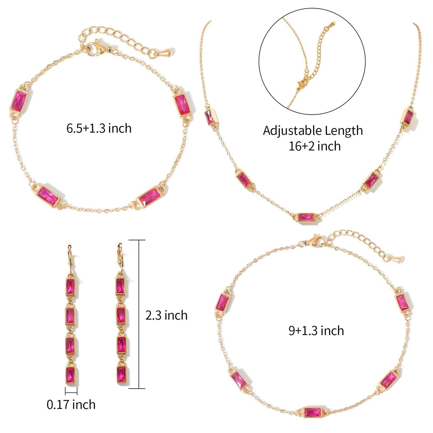 TaYolnFaSo Emerald-cut Red Cubic Zirconia Jewelry Set for Women 18k Gold Plated Red Necklace Earring Bracelet Anklet January Birthstone Garnet Jewelry Prom Wedding Birthday Gift