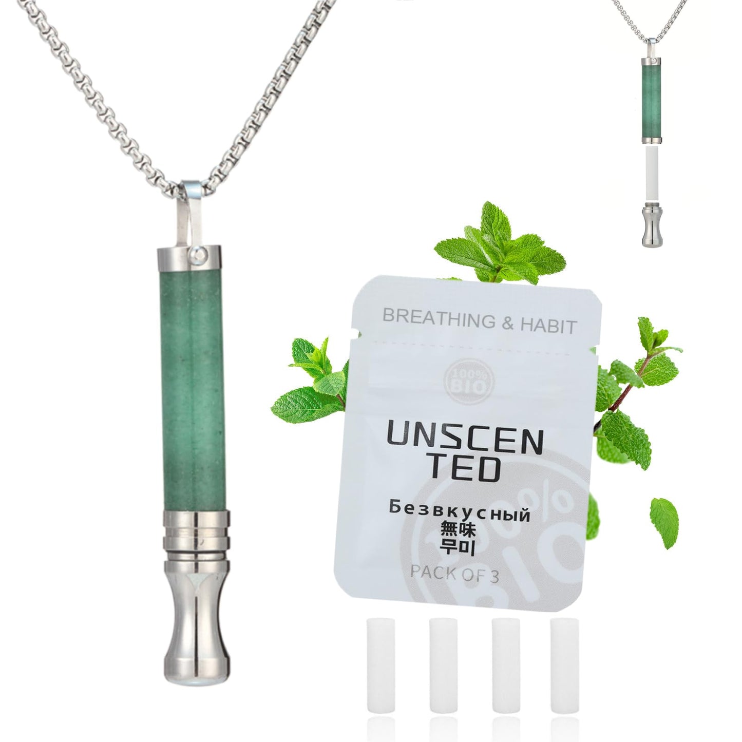 AD ADASTONE Breathing Necklace for Anxiety Relief Breathlink Anti Smoking Necklace Stop Smoking Aids Quit Vaping Tools for Smoking Cessation Fum Vaporless Inhaler for Natural Calm Stress Relief (Green Crystal)