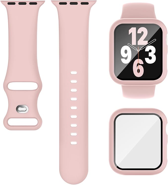 Compatible for Apple Watch Band 44mm 45mm and Case with Screen Protector, Soft Silicone Sport Strap Bands and Protective Cover with Tempered Glass for iWatch Series 9 8 7 SE 6 5 4