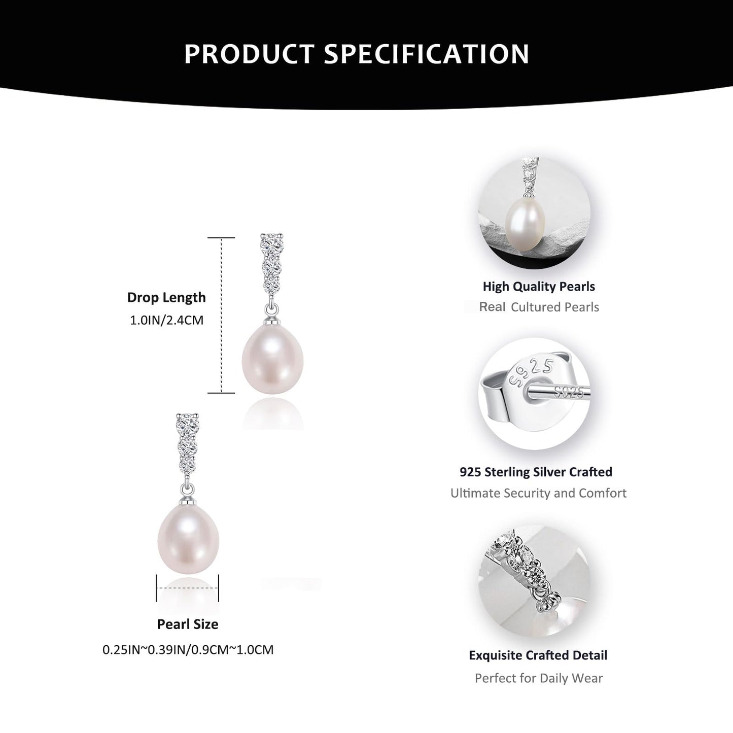BAMIKI Black Pearl Necklace and Earrings Set, Saltwater Cultured Baroque Pearl 9-10mm, 925 Sterling Silver Set with CZ, Jewelry Gifts for Women, Drop Style
