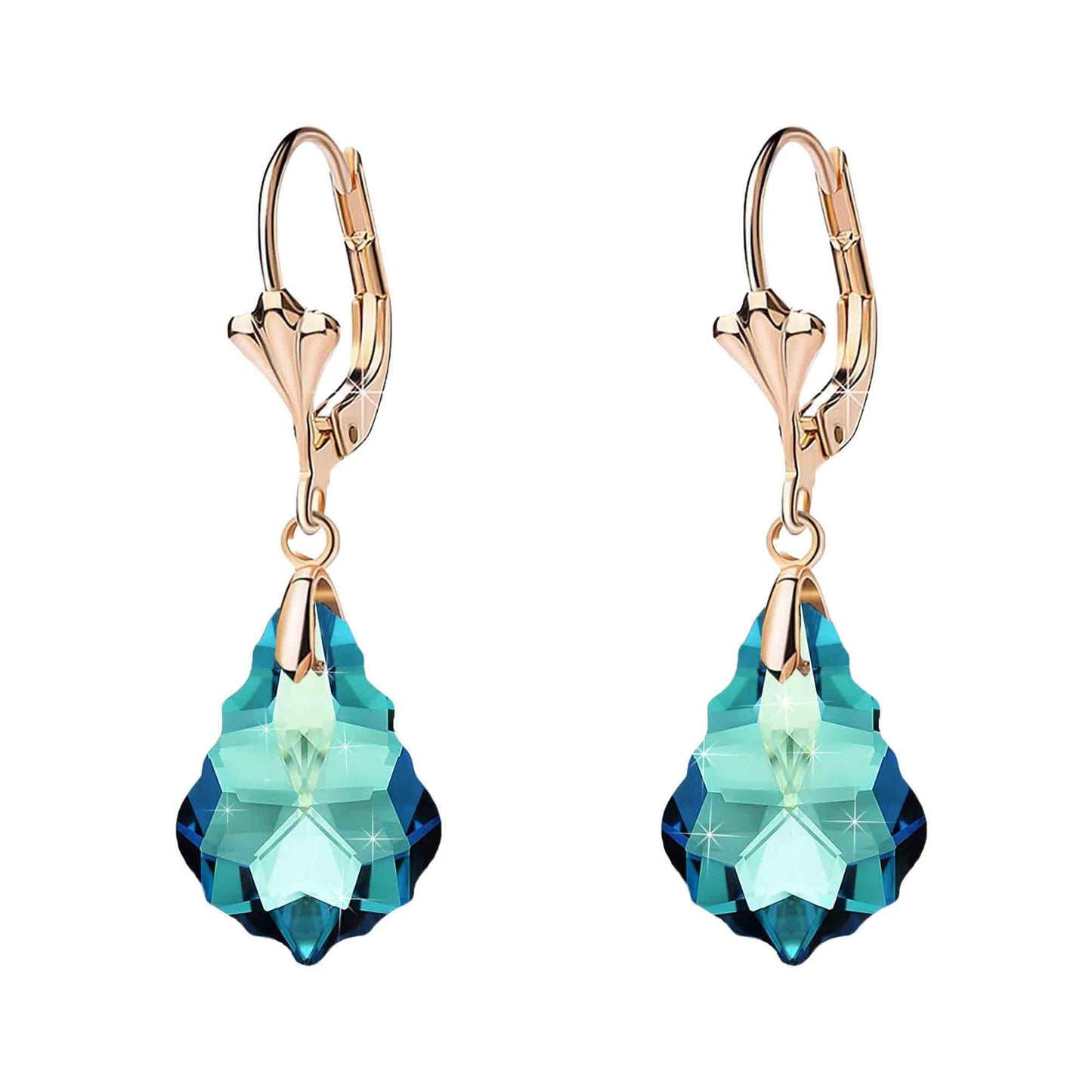 Austrian Crystal Baroque Drop Leverback Earrings for Women Fashion 14K Gold Plated Hypoallergenic Jewelry (Bermuda Blue)