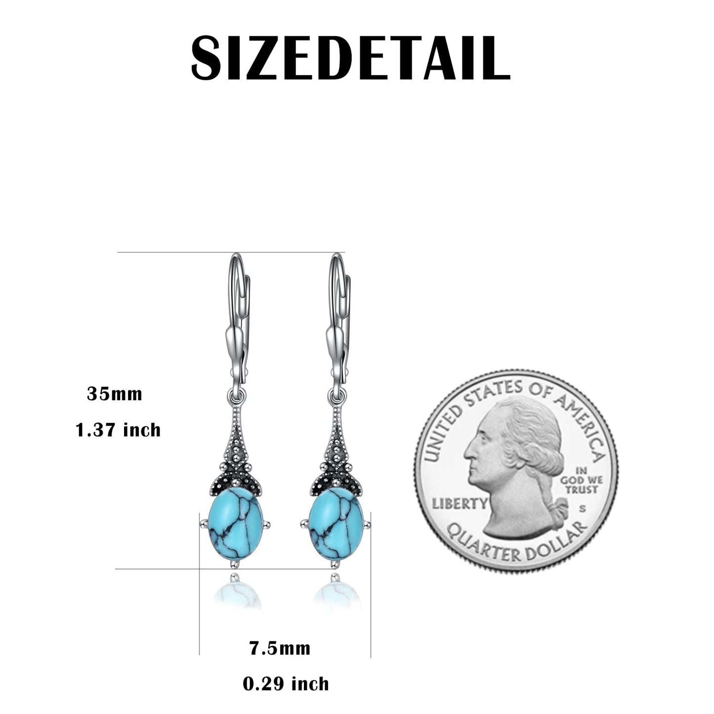 Turquoise Earrings for Women Sterling Silver Vintage Retro Dangle Drop Leverback Earrings with Oval Created Turquoise Blue, Jewelry Gifts for Women