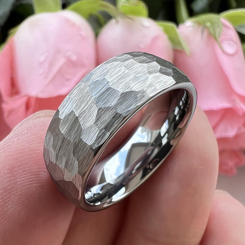 TUTISS 8mm Hammered Tungsten Rings for Men Women Fashion Engagement Wedding Bands Domed Matte Finish Comfort Fit Size 14